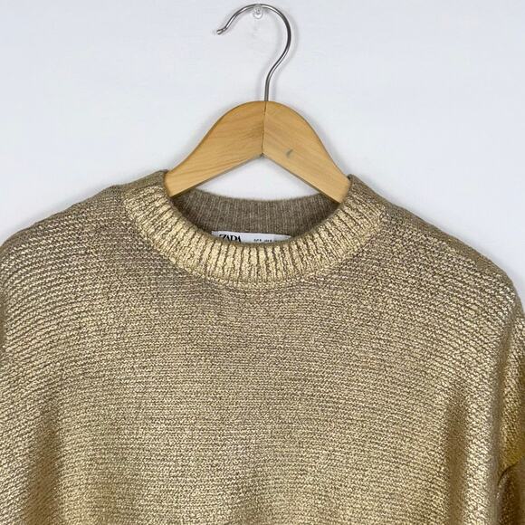 Zara Women's Cracked Metallic Boxy Knit Sweater Small Golden - Picture 4 of 12
